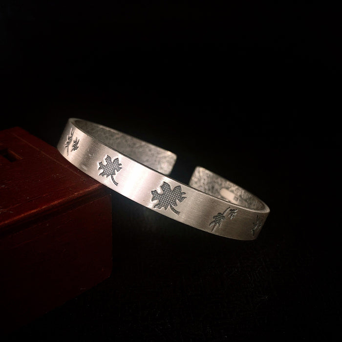 Real Solid 999 Sterling Silver Cuff Bracelet Matte Maple Leaf Lucky Jewelry Open Bangle