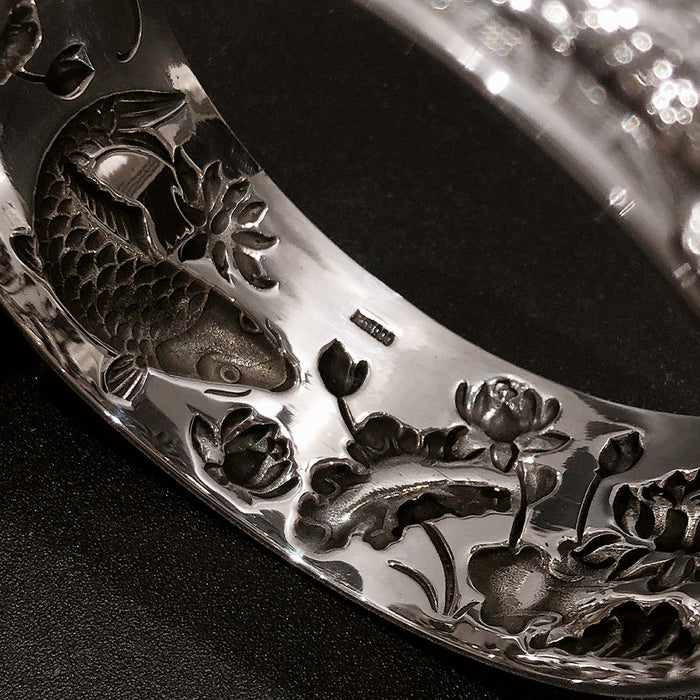 Real Solid 999 Fine Silver Cuff Bracelet Relief Animals Fish Lotus Flowers Jewelry Open Bangle