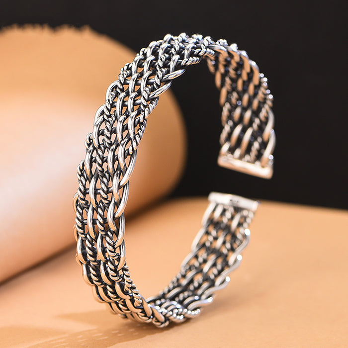 Real Solid 999 Fine Silver Cuff Bracelet Braided Twist Fashion Punk Jewelry Open Bangle