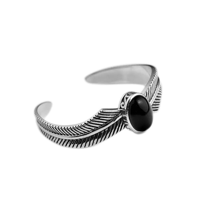 Real Solid 925 Sterling Silver Cuff Bracelet Black Agate Feather Punk Jewelry Open Bangle
