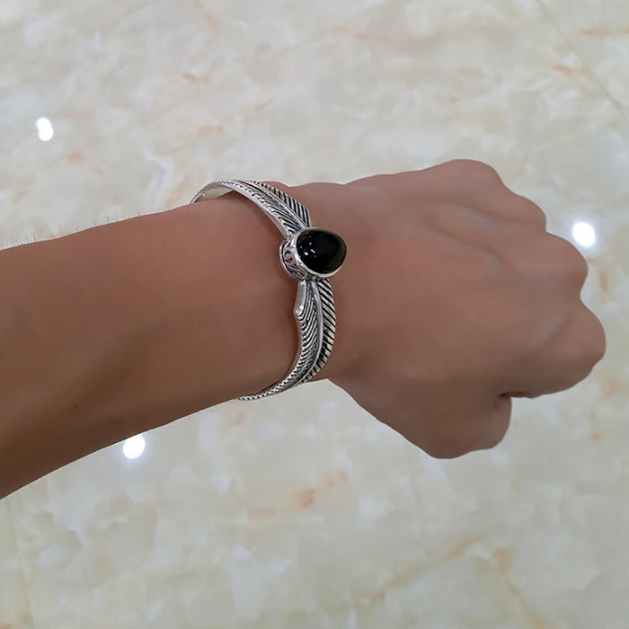 Real Solid 925 Sterling Silver Cuff Bracelet Black Agate Feather Punk Jewelry Open Bangle