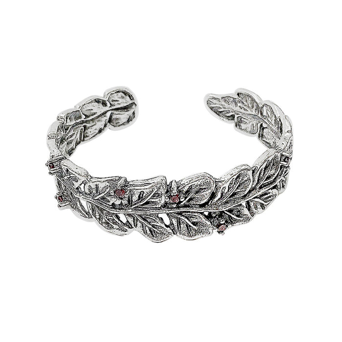 Real Solid 925 Sterling Silver Cuff Bracelet Cubic Zirconia Plants Leaves Punk Jewelry Open Bangle