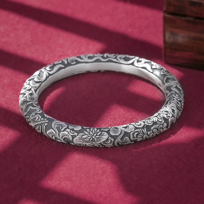 Real Solid 999 Fine Silver Cuff Bracelet Flowers Fashion Punk Jewelry Handmade Open Bangle
