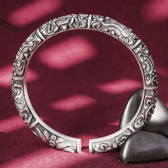 Real Solid 999 Fine Silver Cuff Bracelet Tibetan Eight Treasures Religions Jewelry Open Bangle