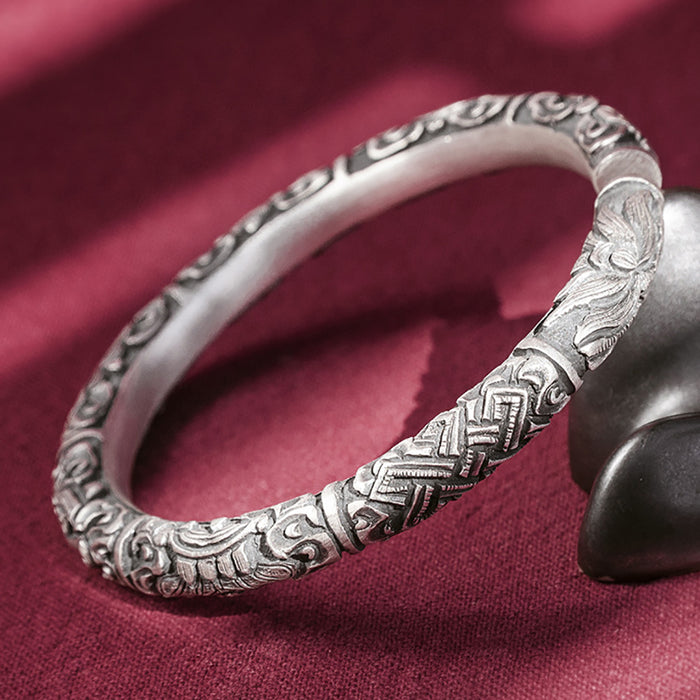 Real Solid 999 Fine Silver Cuff Bracelet Tibetan Eight Treasures Religions Jewelry Open Bangle