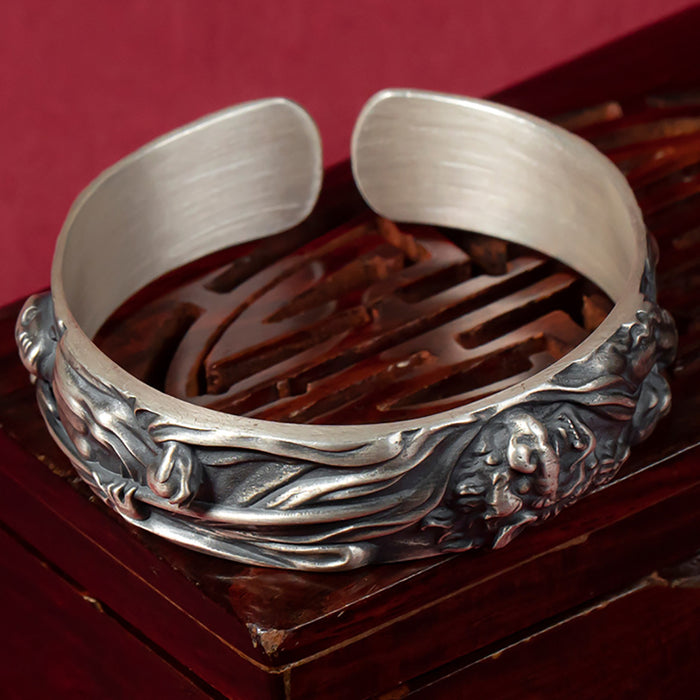 Real Solid 999 Fine Silver Cuff Bracelet Auspicious Clouds Buddha Protection Lucky Jewelry Open Bangle
