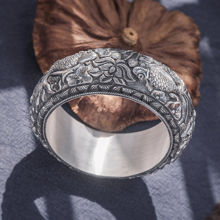 Heavy Huge Solid 999 Fine Silver Bangle Bracelet Lotus Flower Animals Koi Fish Lucky Jewelry