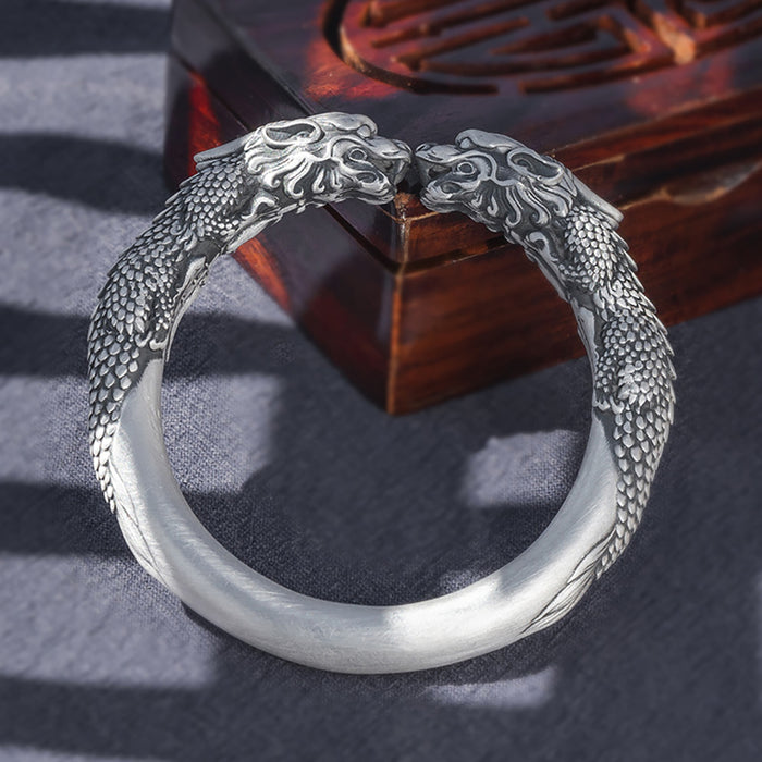 Real Solid 999 Fine Silver Cuff Bracelet Animals Dragon Punk Jewelry Open Bangle Handmade