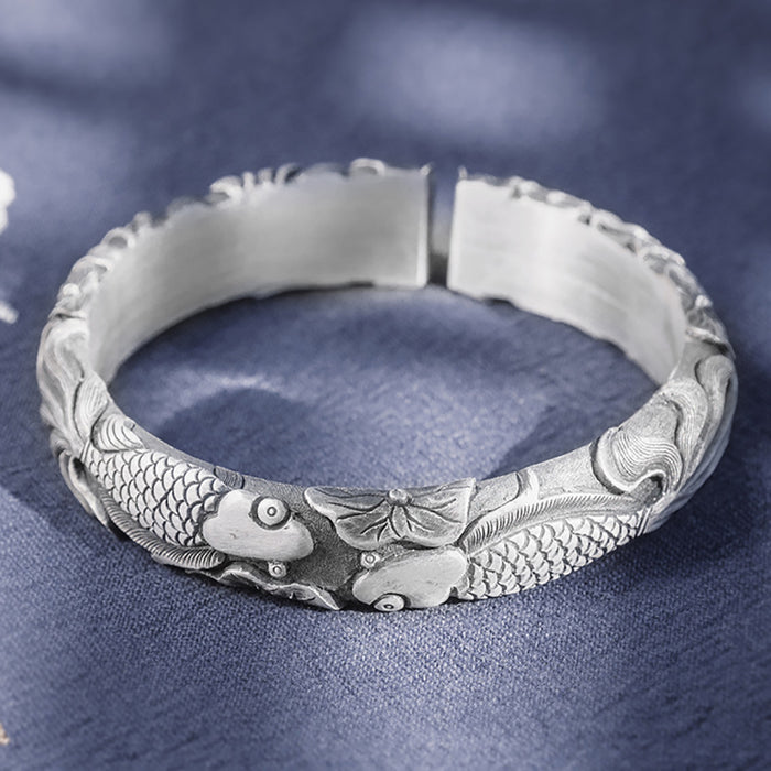 Real Solid 999 Fine Silver Cuff Bracelet Lotus Flower Animals Koi Fish Relief Open Bangle Handmade
