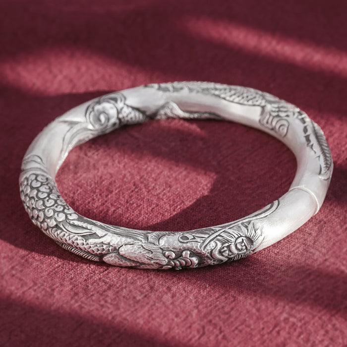 Real Solid 999 Fine Silver Cuff Bracelet Animals Dragon Auspicious Clouds Punk Jewelry Open Bangle Handmade