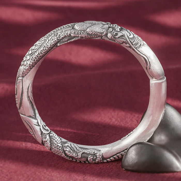Real Solid 999 Fine Silver Cuff Bracelet Animals Dragon Auspicious Clouds Punk Jewelry Open Bangle Handmade
