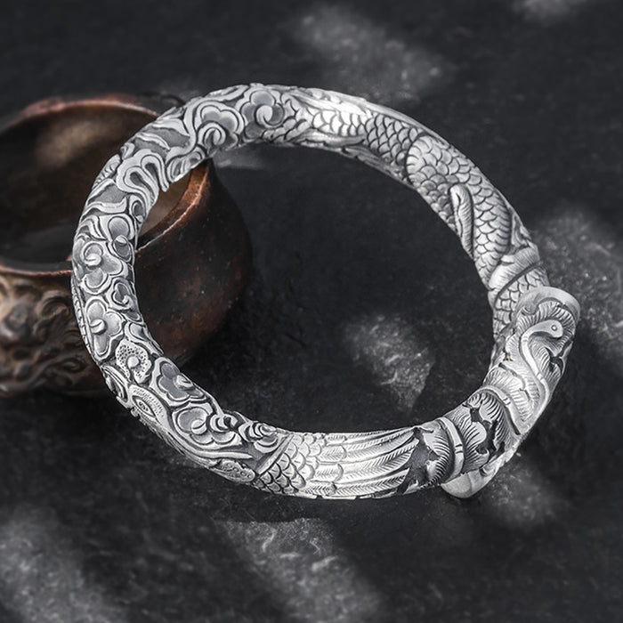 Real Solid 999 Fine Silver Cuff Bracelet Animals Dragon Flowers Relief Punk Jewelry Open Bangle Handmade