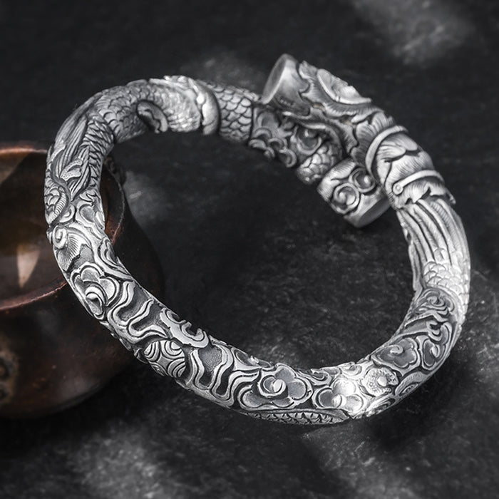 Real Solid 999 Fine Silver Cuff Bracelet Animals Dragon Flowers Relief Punk Jewelry Open Bangle Handmade