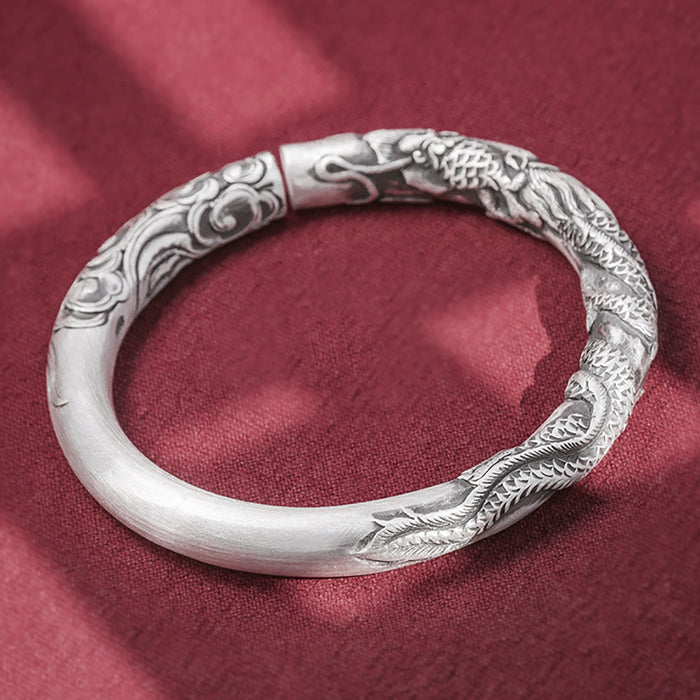 Real Solid 999 Fine Silver Cuff Bracelet Animals Dragon Auspicious Clouds Relief Jewelry Open Bangle Handmade