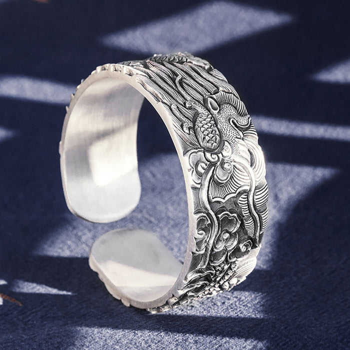 Real Solid 999 Fine Silver Wide Bracelet Animals Dragon Relief Jewelry Open Bangle Handmade