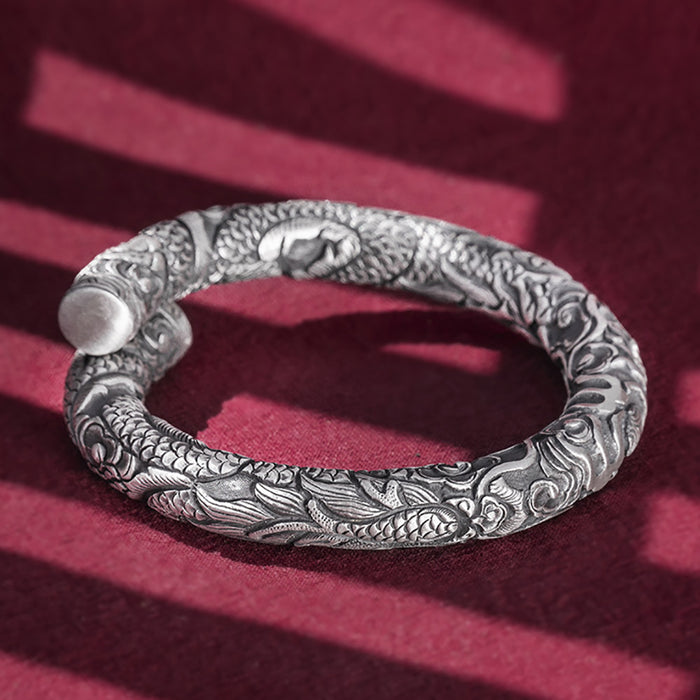 Real Solid 999 Fine Silver Cuff Bracelet Animals Dragon Relief Punk Jewelry Open Bangle Handmade