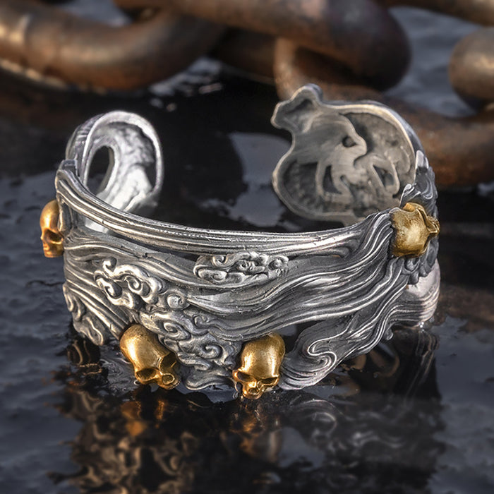 Real Solid 999 Fine Silver Wide Cuff Bracelet Skeletons Skulls Punk Gothic Jewelry Open Bangle