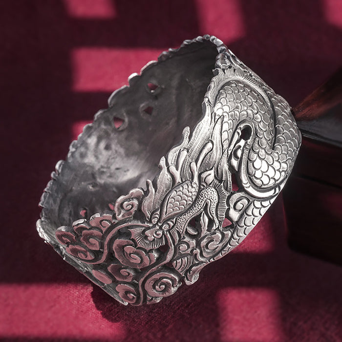 Real Solid 999 Fine Silver Wide Cuff Bracelet Animals Dragon Auspicious Clouds Punk Jewelry Open Bangle