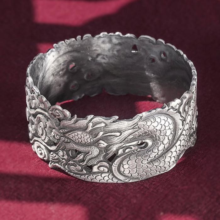 Real Solid 999 Fine Silver Wide Cuff Bracelet Animals Dragon Auspicious Clouds Punk Jewelry Open Bangle