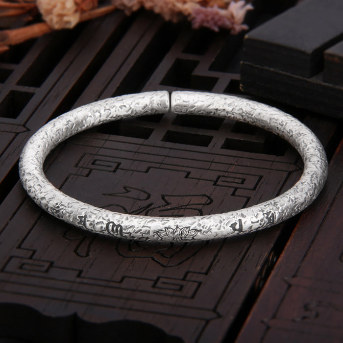 Real Solid 999 Fine Silver Cuff Bracelet Religions Om Mani Padme Hum Lotus Open Bangle