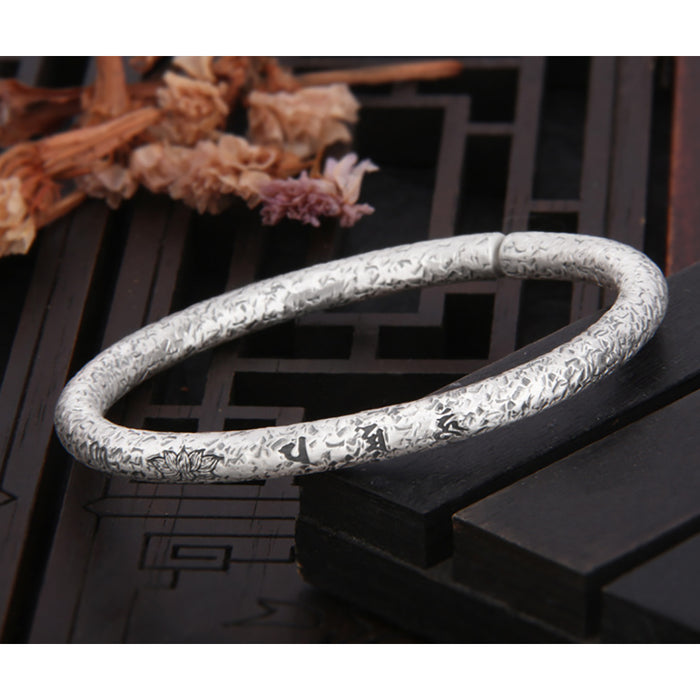 Real Solid 999 Fine Silver Cuff Bracelet Religions Om Mani Padme Hum Lotus Open Bangle
