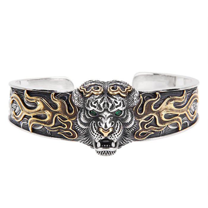 Real Solid 925 Sterling Silver Width Cuff Bracelet CZ Inlay Tiger Punk Jewelry Open Bangle