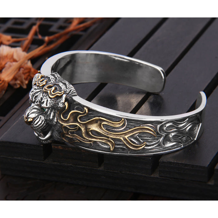 Real Solid 925 Sterling Silver Width Cuff Bracelet CZ Inlay Tiger Punk Jewelry Open Bangle
