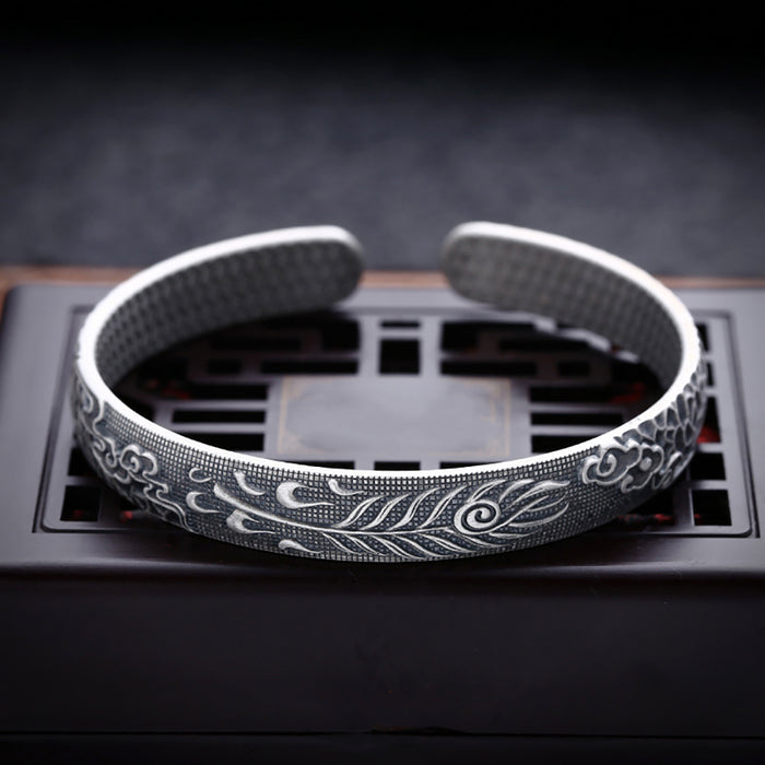 Real Solid 999 Fine Silver Cuff Bracelet Leaf Auspicious Clouds Punk Jewelry Open Bangle