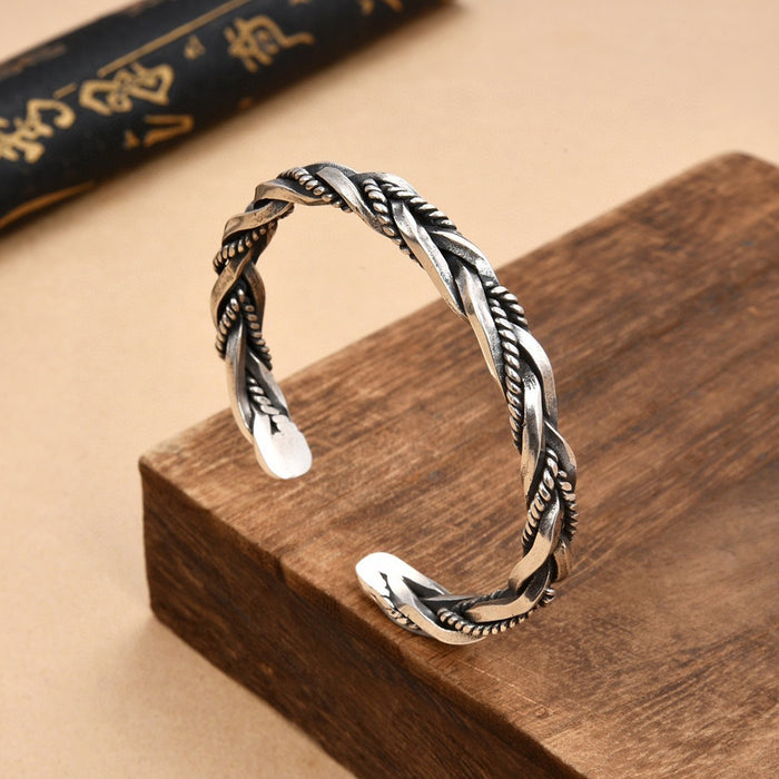 Real Solid 925 Sterling Silver Cuff Bracelet Twist Braided Punk Jewelry Open Bangle