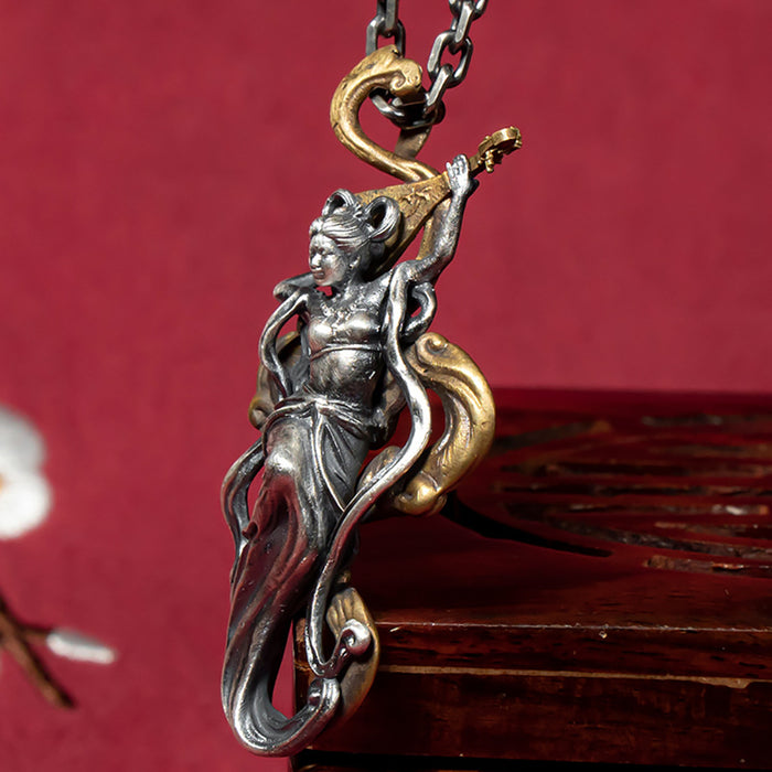 Real Solid 999 Fine Silver Pendants Religious Sarasvati Pipa Fashion Protection Jewelry