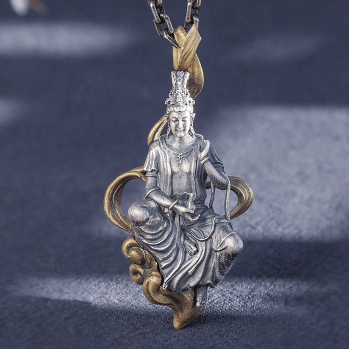 Real Solid 999 Fine Silver Pendants Religious Guanyin Auspicious Clouds Protection Jewelry