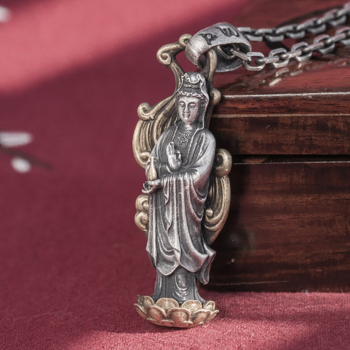 Real Solid 999 Fine Silver Pendants Religious Guanyin Auspicious Clouds Protection Jewelry