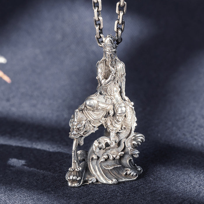 Real Solid 999 Fine Silver Pendants Eligious Guanyin Riding Dragon Sea Spindrift