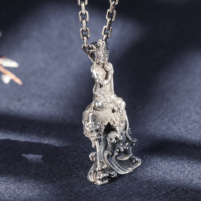 Real Solid 999 Fine Silver Pendants Eligious Guanyin Riding Dragon Sea Spindrift