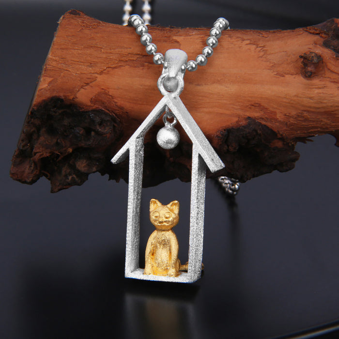 Real Solid 925 Sterling Silver Pendants Cat Animals House Fashion Punk Jewelry