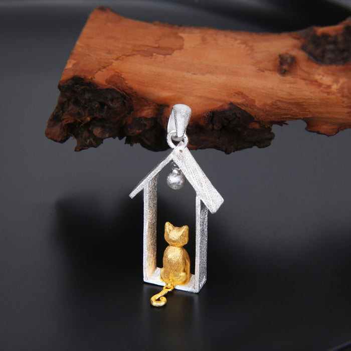 Real Solid 925 Sterling Silver Pendants Cat Animals House Fashion Punk Jewelry