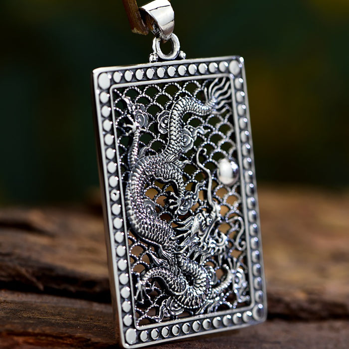Real Solid 999 Sterling Silver Pendants Dragon Spit Bead Pierced Rectangle Punk Jewelry