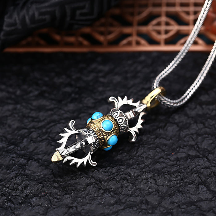 Real Solid 925 Sterling Silver Pendants Blue Turquoise Vajra Pestle Religions Jewelry