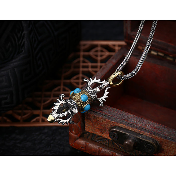 Real Solid 925 Sterling Silver Pendants Blue Turquoise Vajra Pestle Religions Jewelry