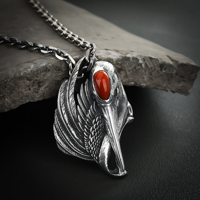 Real Solid 925 Sterling Silver Pendants Red Agate Red-Crowned Crane Punk Jewelry