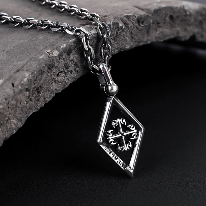 Real Solid 925 Sterling Silver Pendants Cruciate Flower Cross Rhombus Punk Jewelry