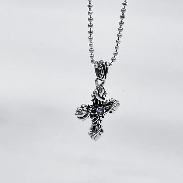 Real Solid 925 Sterling Silver Pendants Cruciate Flower Cross CZ Inlay Punk Jewelry