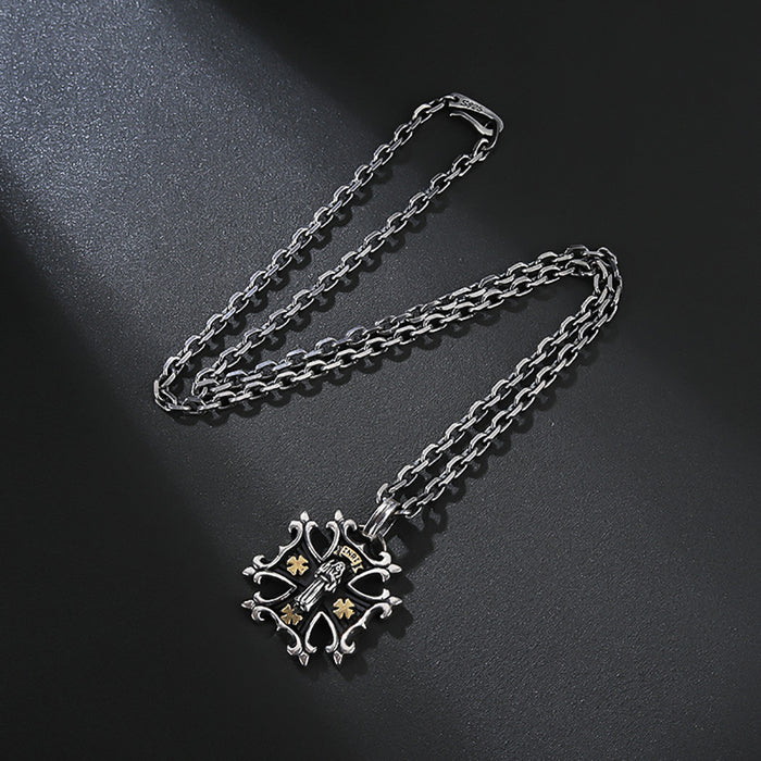Real Solid 925 Sterling Silver Pendants Cruciate Flower Cross Virgin Mary Punk Jewelry