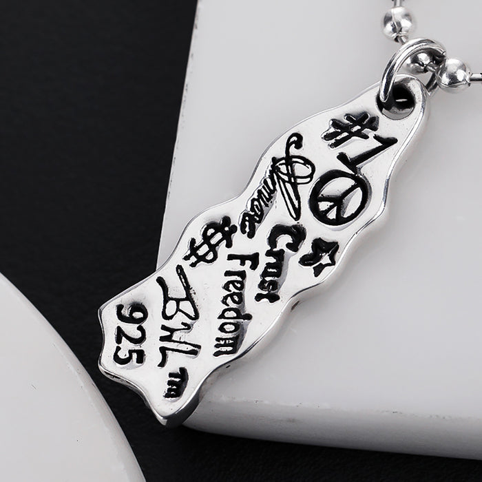 Real Solid 925 Sterling Silver Pendants Graffiti Dog Tags Hip Hop Punk Jewelry