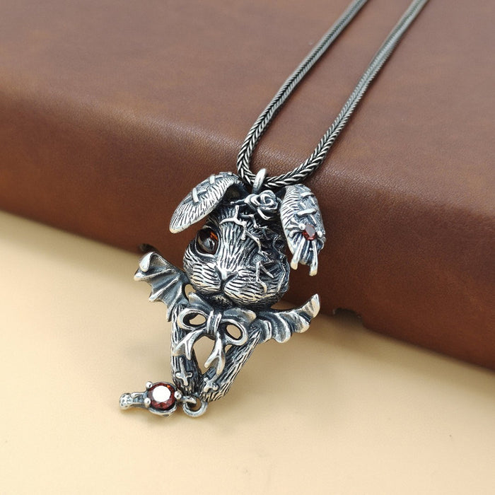 Real Solid 925 Sterling Silver Pendants Devil Rabbit Bow CZ Inlay Punk Jewelry