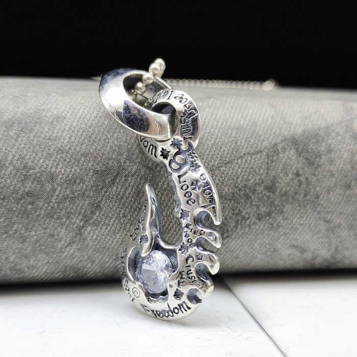 Real Solid 925 Sterling Silver Pendants Fish Hook Graffiti CZ Inlay Hip Hop Jewelry