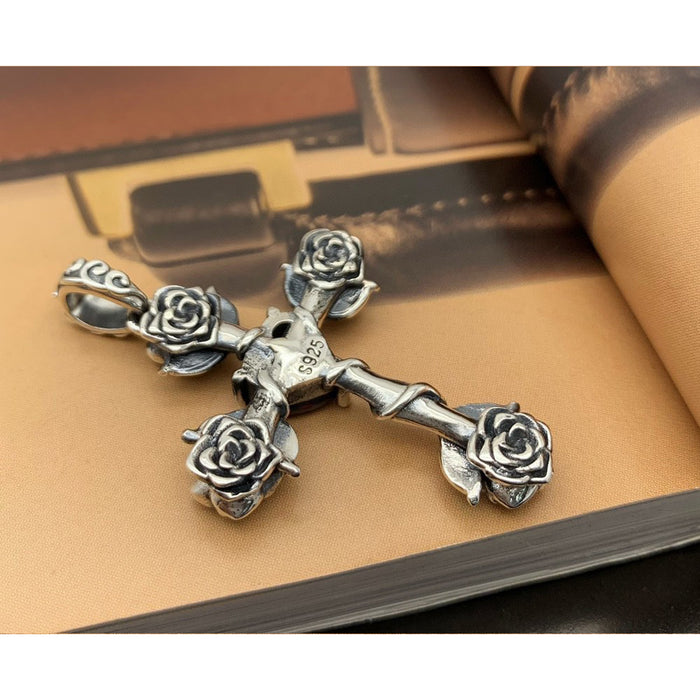 Real Solid 925 Sterling Silver Pendants Cross Rose Flower Heart CZ Inlay Gothic Jewelry