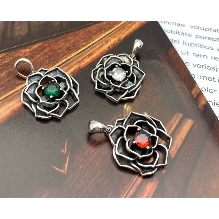Real Solid 925 Sterling Silver Pendants Rose Flower CZ Inlay Hip Hop Punk Jewelry