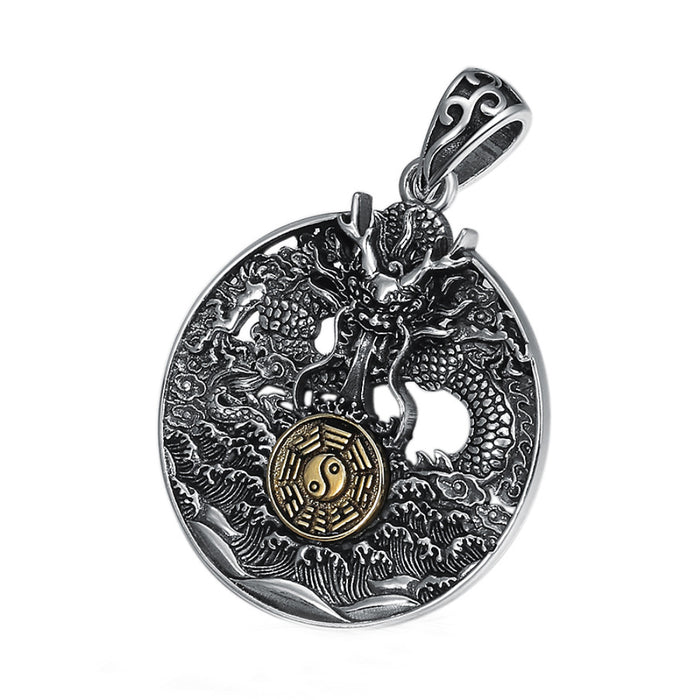 Men's Real Solid 925 Sterling Silver Round Pendants Waves Hollow Out Dragon