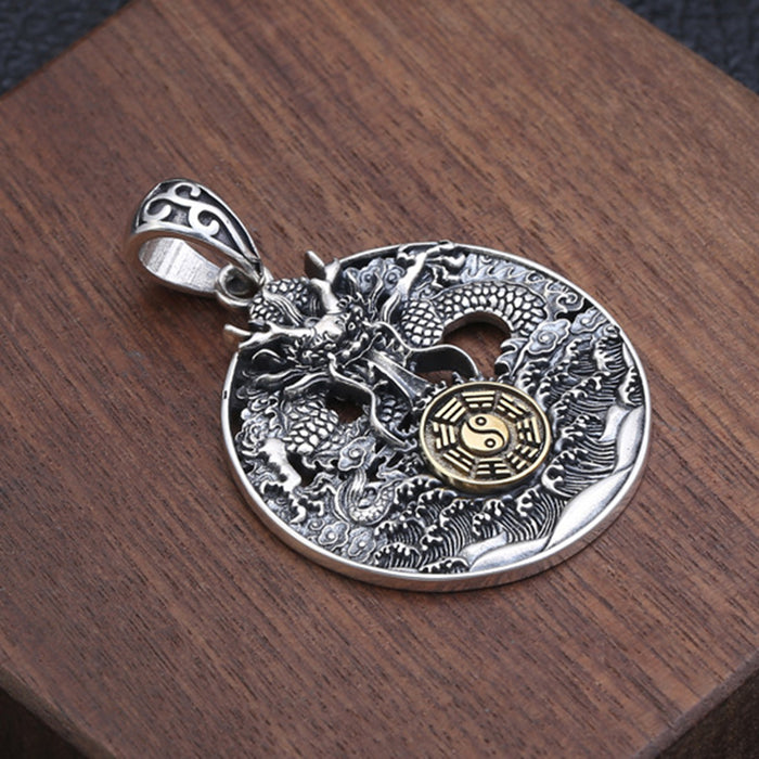 Men's Real Solid 925 Sterling Silver Round Pendants Waves Hollow Out Dragon